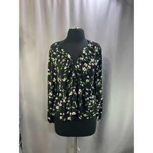 Sarah Hann Cropped Blouse Top Women Medium Black Daisy Floral Keyhole Split Neck